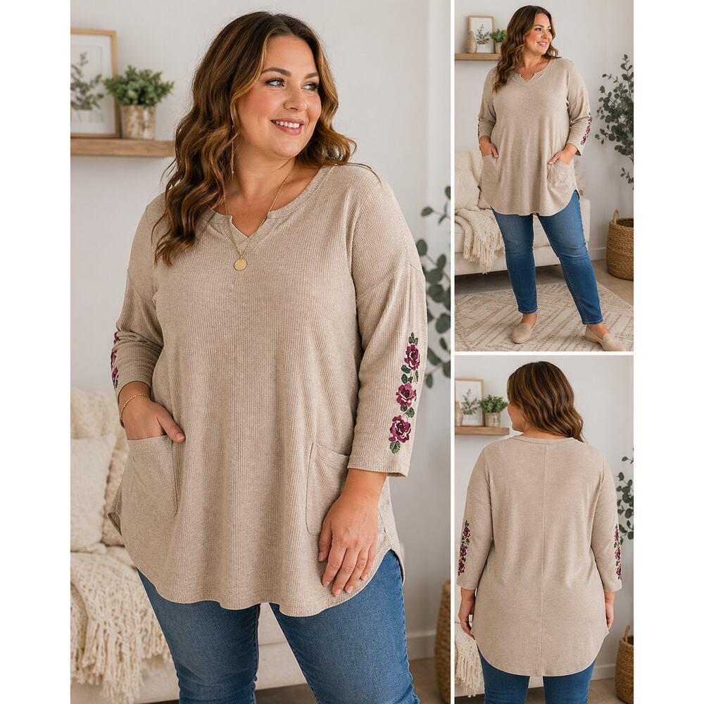 Women's Waffle Knit Tunic Top Floral Embroidered Pocket Beige 2XL Lounge Cozy